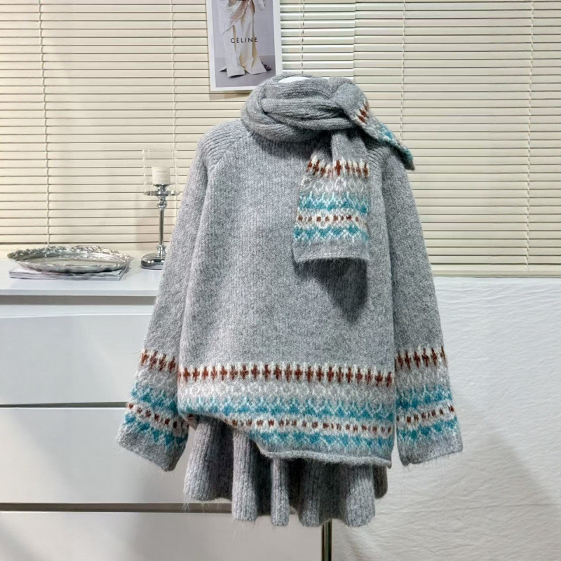YS női háromrészes szett: sál, kardigan és rövid szoknya Fair Isle jacquard kötött, téli gyapjú-keverék