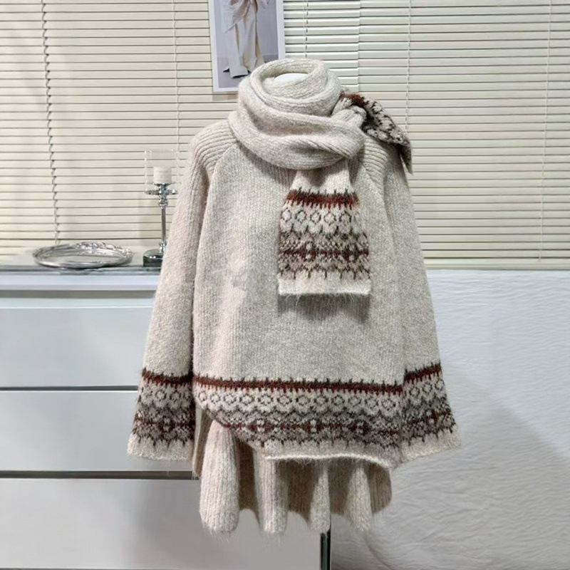 YS női háromrészes szett: sál, kardigan és rövid szoknya Fair Isle jacquard kötött, téli gyapjú-keverék