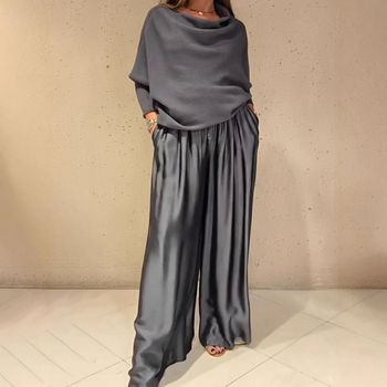 Elegantni dvodijelni set: top bez ramena i satenske hlače širokog kroja