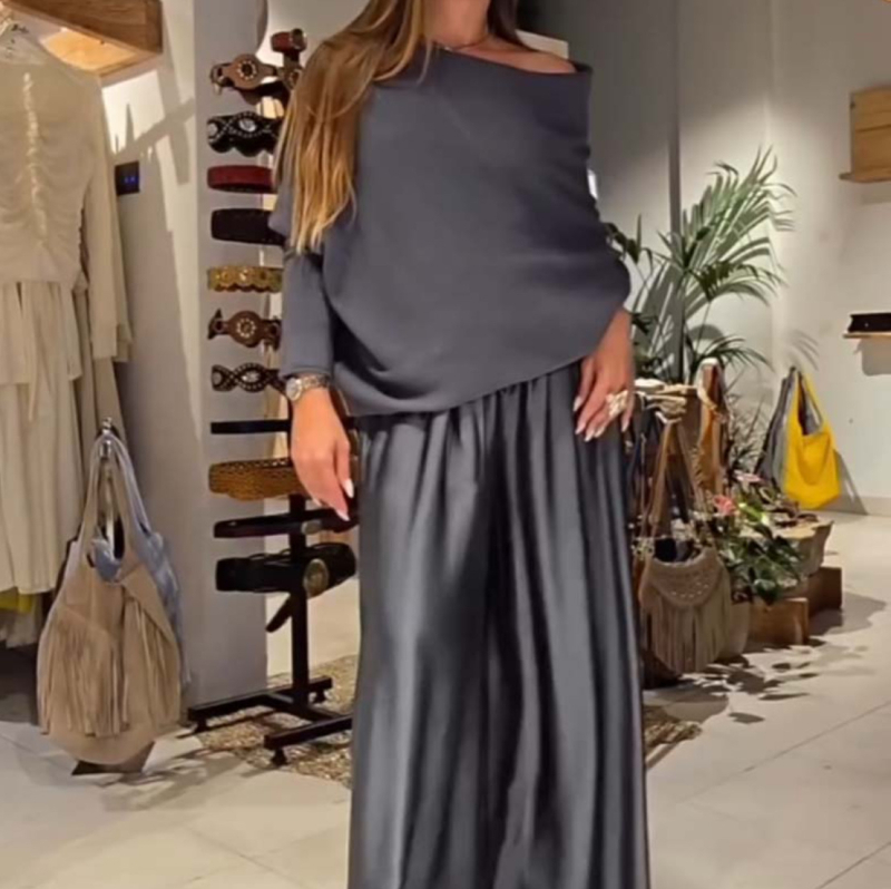 Elegantni dvodijelni set: top bez ramena i satenske hlače širokog kroja