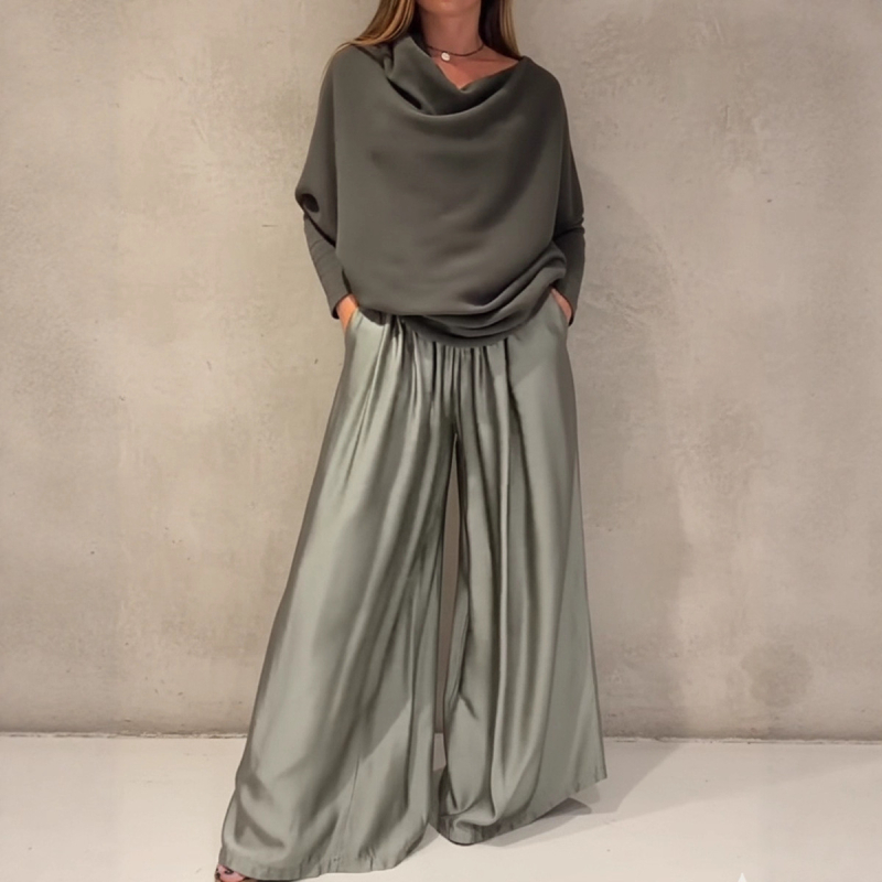 Elegantni dvodijelni set: top bez ramena i satenske hlače širokog kroja