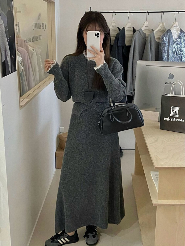Dvodijelni set: pleteni džemper s čipkom i suknja visokog struka, jesen/zimski stil, korejski dizajn, opuštena silueta