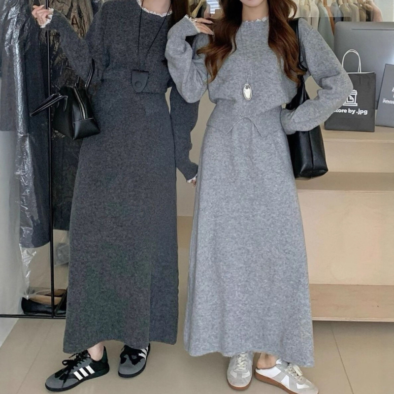 Dvodijelni set: pleteni džemper s čipkom i suknja visokog struka, jesen/zimski stil, korejski dizajn, opuštena silueta