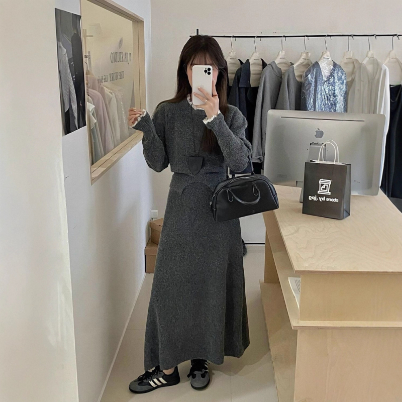 Dvodijelni set: pleteni džemper s čipkom i suknja visokog struka, jesen/zimski stil, korejski dizajn, opuštena silueta
