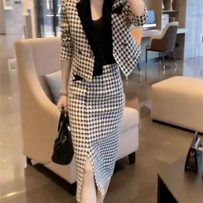 Ženski set s kariranim sakoom i bodycon suknjom, 2026 proljeće-jesen, moderan street style