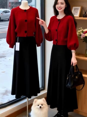 Crveni dvodijelni set: pleteni kardigan i suknja srednje dužine, za Novu godinu, opušten i elegantan stil