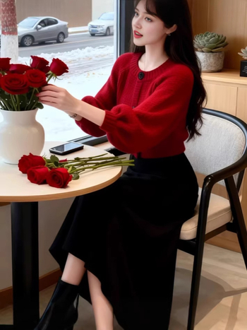 Crveni dvodijelni set: pleteni kardigan i suknja srednje dužine, za Novu godinu, opušten i elegantan stil