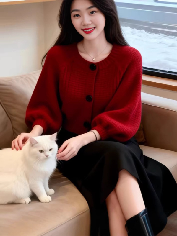 Crveni dvodijelni set: pleteni kardigan i suknja srednje dužine, za Novu godinu, opušten i elegantan stil