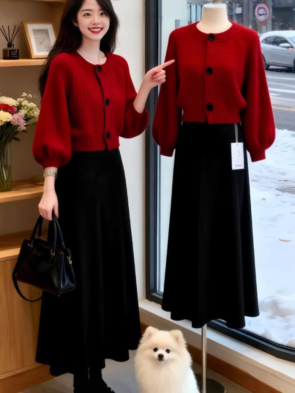 Crveni dvodijelni set: pleteni kardigan i suknja srednje dužine, za Novu godinu, opušten i elegantan stil