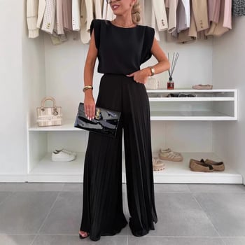 Ženski ljetni dvodijelni set: top bez rukava s okruglim izrezom i plisirane široke hlače, casual stil