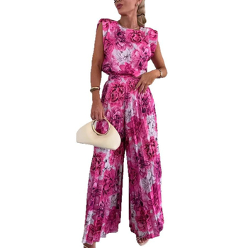 Ženski ljetni dvodijelni set: top bez rukava s okruglim izrezom i plisirane široke hlače, casual stil