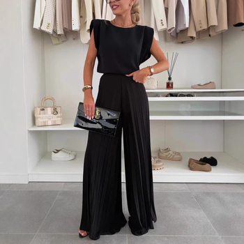 Ženski ljetni dvodijelni set: top bez rukava s okruglim izrezom i plisirane široke hlače, casual stil