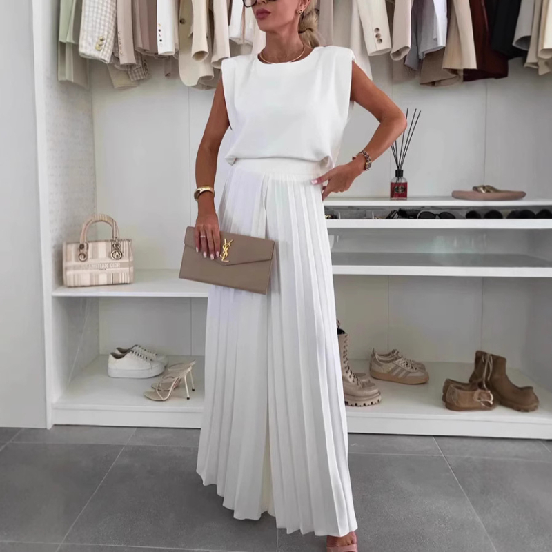 Ženski ljetni dvodijelni set: top bez rukava s okruglim izrezom i plisirane široke hlače, casual stil