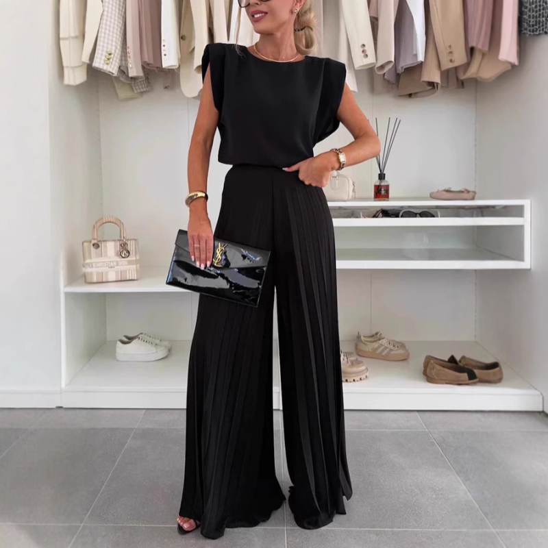 Ženski ljetni dvodijelni set: top bez rukava s okruglim izrezom i plisirane široke hlače, casual stil