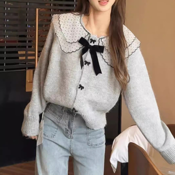Ženski pleteni kardigan s čipkastim ovratnikom i mašnicom, mekan pleteni materijal, jesen-zimski stil, korejski stil