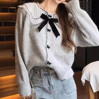Ženski pleteni kardigan s čipkastim ovratnikom i mašnicom, mekan pleteni materijal, jesen-zimski stil, korejski stil