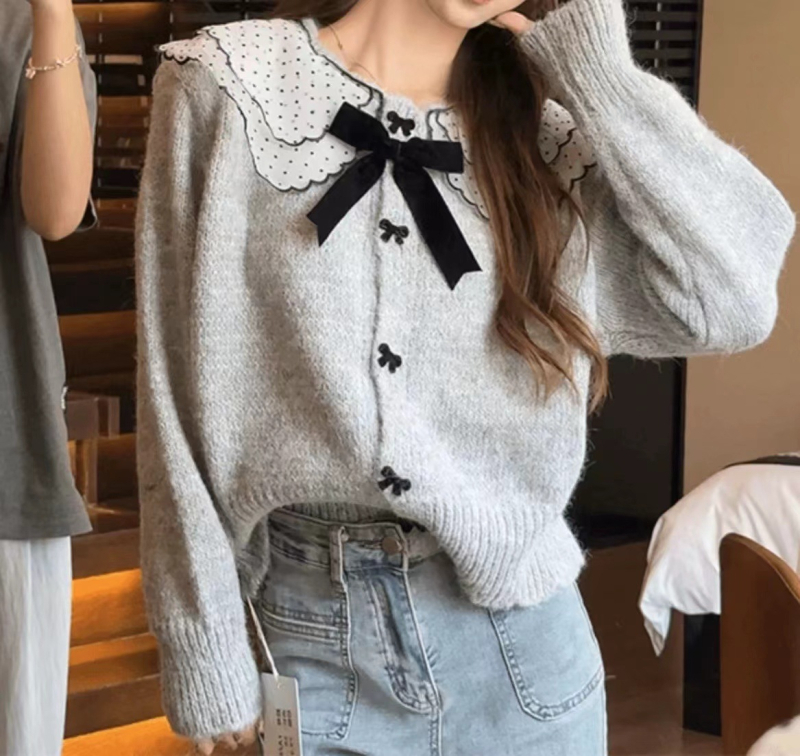 Ženski pleteni kardigan s čipkastim ovratnikom i mašnicom, mekan pleteni materijal, jesen-zimski stil, korejski stil