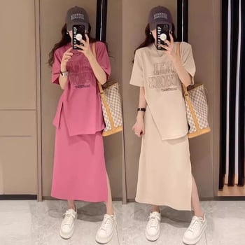 Ženski plus veličine ljetni dvodijelni set s topom i midi suknjom, europski stil