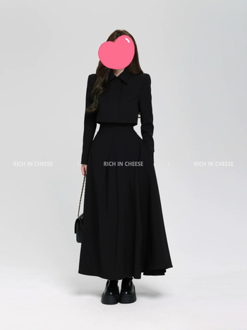 Shuhule Hepburn kostim set: kratki top s visokim strukom i duga suknja od kostimskog materijala, elegantan izgled