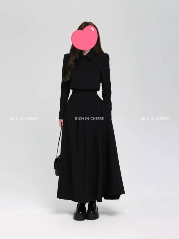 Shuhule Hepburn kostim set: kratki top s visokim strukom i duga suknja od kostimskog materijala, elegantan izgled