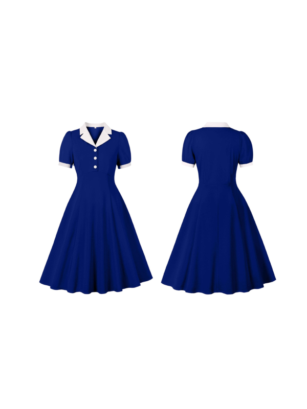 Ženska haljina s naglašenim strukom, akademski/preppy stil, blok boja, stojeći ovratnik, A-linijski kroj, midi duljina, literarno retro stil 10111