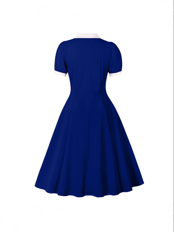 Ženska haljina s naglašenim strukom, akademski/preppy stil, blok boja, stojeći ovratnik, A-linijski kroj, midi duljina, literarno retro stil 10111