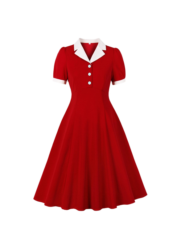 Ženska haljina s naglašenim strukom, akademski/preppy stil, blok boja, stojeći ovratnik, A-linijski kroj, midi duljina, literarno retro stil 10111
