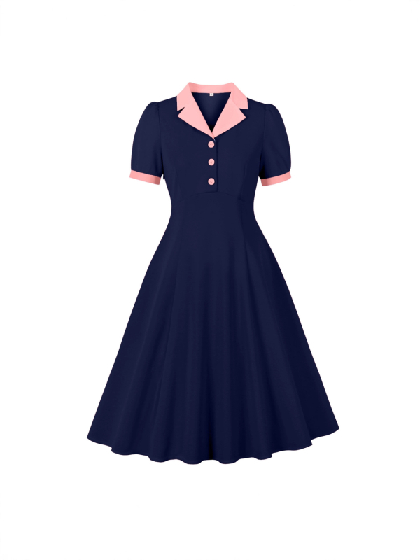 Ženska haljina s naglašenim strukom, akademski/preppy stil, blok boja, stojeći ovratnik, A-linijski kroj, midi duljina, literarno retro stil 10111