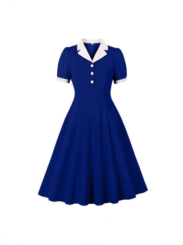 Ženska haljina s naglašenim strukom, akademski/preppy stil, blok boja, stojeći ovratnik, A-linijski kroj, midi duljina, literarno retro stil 10111