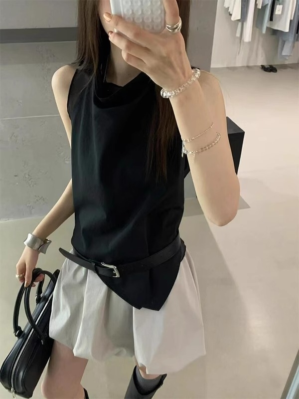 Korejski stil OOTD set: visoka kvaliteta, jedinstven izgled, crni top bez rukava i siva balon suknja za žene, ljeto