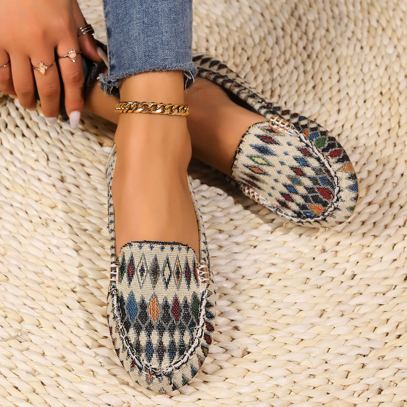 Női lélegző denim felsőrésszel rendelkező slip-on lapos talpú cipő, etnikus stílusú mindennapi cipő