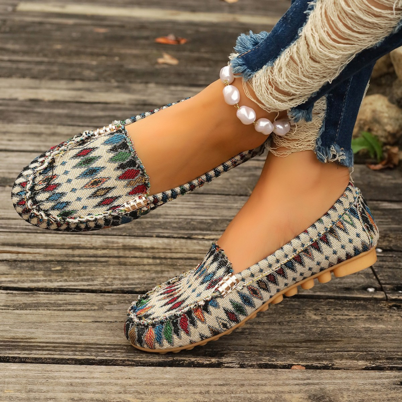 Női lélegző denim felsőrésszel rendelkező slip-on lapos talpú cipő, etnikus stílusú mindennapi cipő
