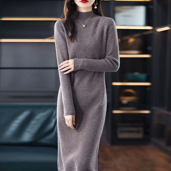 Derong Haljina s polu-visokim ovratnikom, srednje duljine, jesensko-zimski stil, uski ravni kroj, topla duga haljina koja doseže iznad koljena