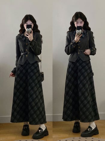 Plus-size ženski komplet za jesen-zimu 2025 u korejskom stilu: elegantan sako i suknja, vizualno sužava siluetu.