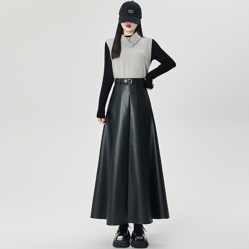 Smeđa PU kožna plisirana suknja, duga, A-linija, visokim strukom