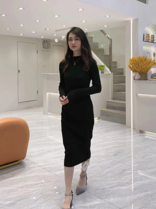 Jesen-zimski francuski vintage stil, vrhunska duga rukava pletena haljina s minimalističkim stilom, Hepburn inspiracija, klasična mala crna haljina.