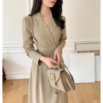Korejski chic jesenska haljina u stilu odijela s ovratnikom, uskim strukom, A‑linijskim krojem, inspirirano Hepburn