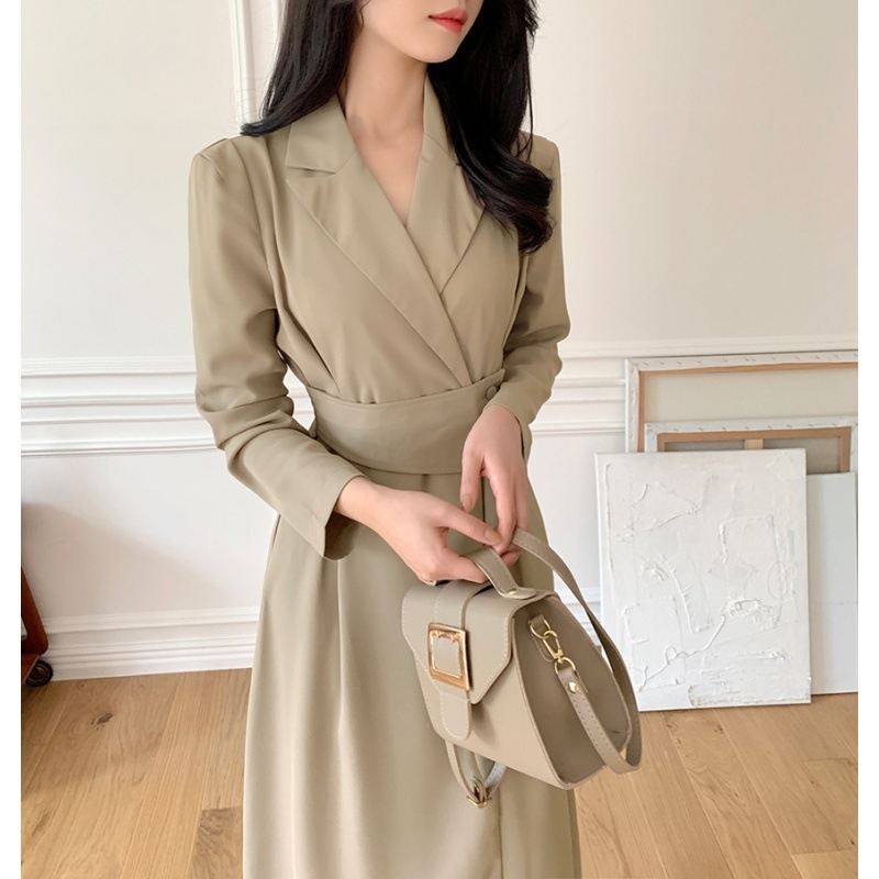 Korejski chic jesenska haljina u stilu odijela s ovratnikom, uskim strukom, A‑linijskim krojem, inspirirano Hepburn