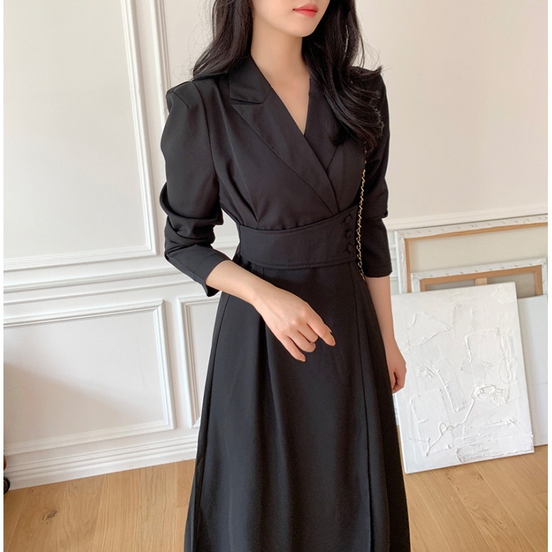 Korejski chic jesenska haljina u stilu odijela s ovratnikom, uskim strukom, A‑linijskim krojem, inspirirano Hepburn