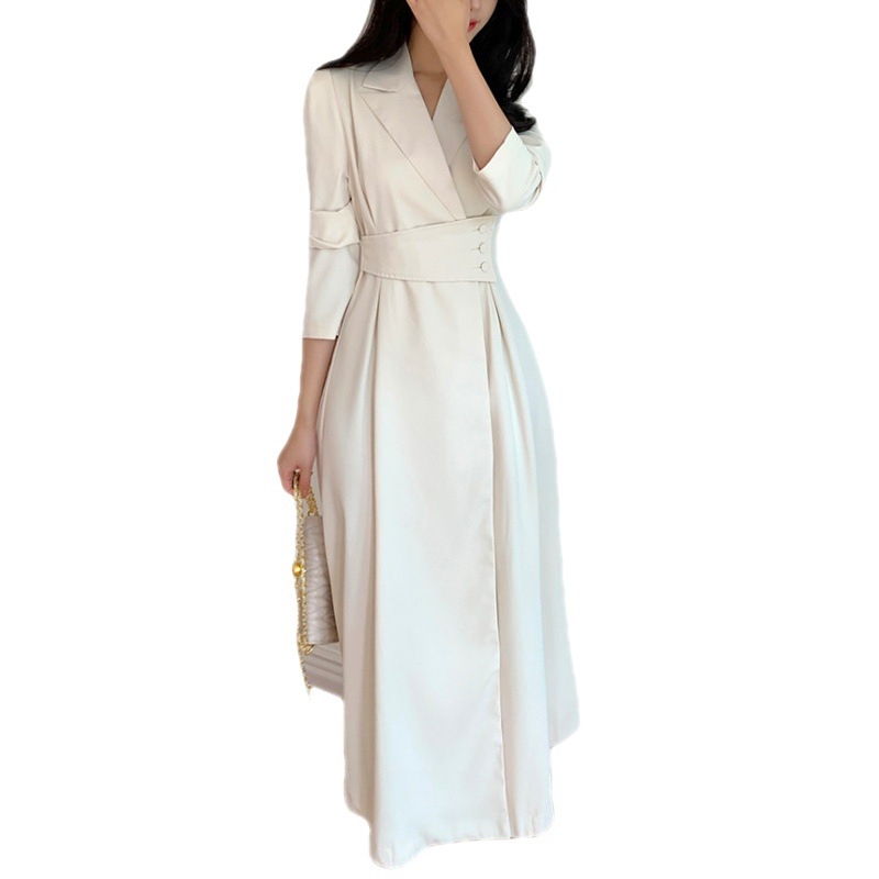 Korejski chic jesenska haljina u stilu odijela s ovratnikom, uskim strukom, A‑linijskim krojem, inspirirano Hepburn