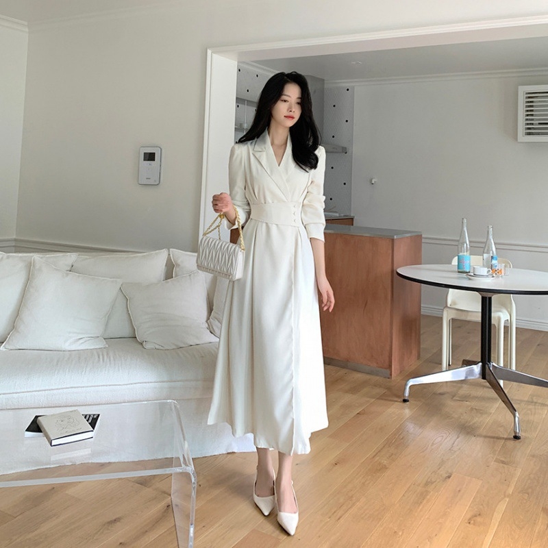 Korejski chic jesenska haljina u stilu odijela s ovratnikom, uskim strukom, A‑linijskim krojem, inspirirano Hepburn