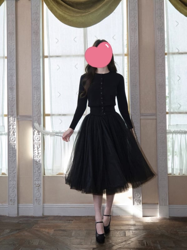 Francuska mrežasta midi suknja, A-linija, tutu, dvorski stil, klasičan dizajn za žene