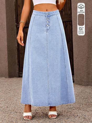 Ženska denimska midi suknja visokog struka, blok boja, vintage dugačka suknja