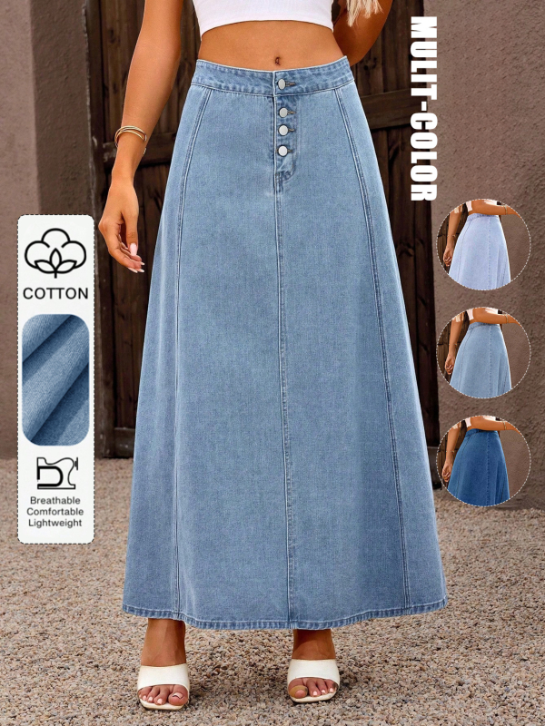 Ženska denimska midi suknja visokog struka, blok boja, vintage dugačka suknja