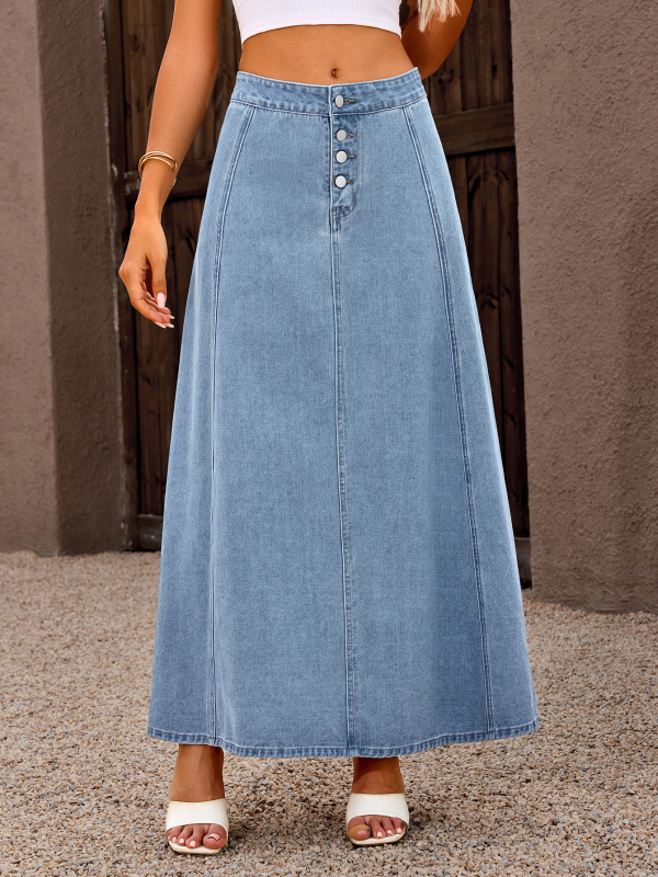 Ženska denimska midi suknja visokog struka, blok boja, vintage dugačka suknja