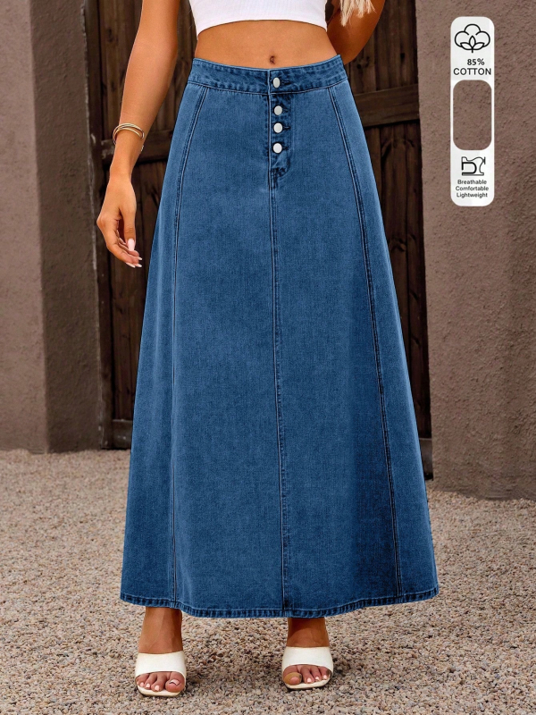 Ženska denimska midi suknja visokog struka, blok boja, vintage dugačka suknja