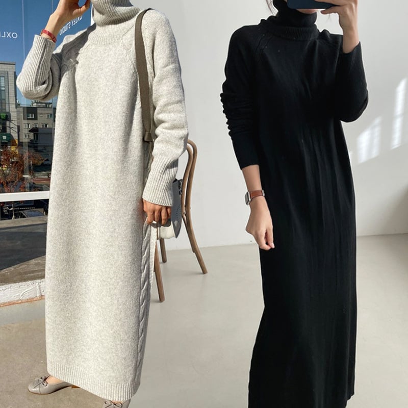 Jesen-zima oversize pletena haljina, iznad koljena, A-linijskog kroja, visok ovratnik, dugi raglan rukavi, jednobojna, akril