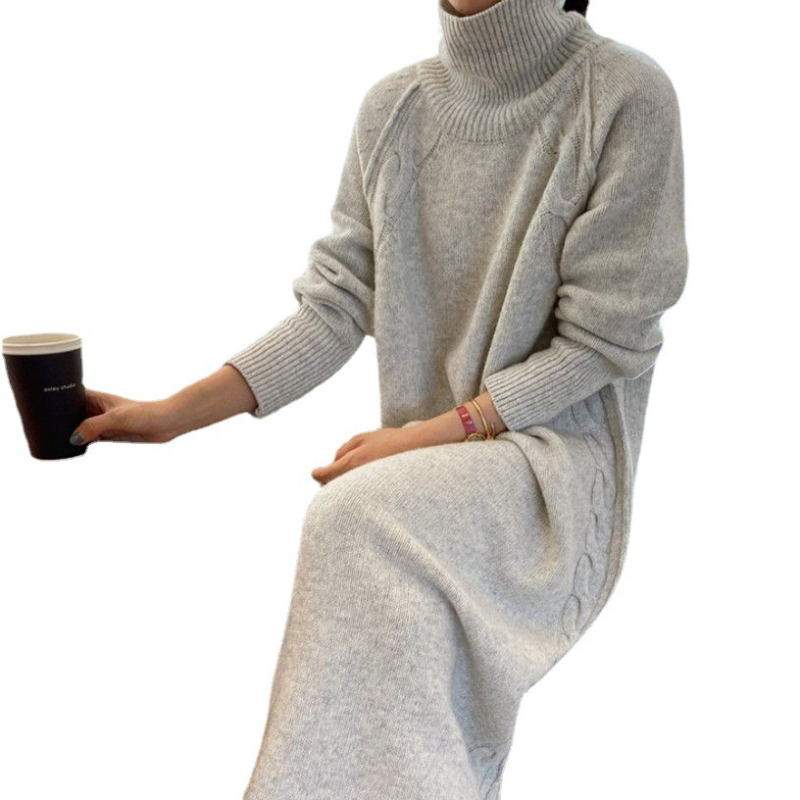 Jesen-zima oversize pletena haljina, iznad koljena, A-linijskog kroja, visok ovratnik, dugi raglan rukavi, jednobojna, akril