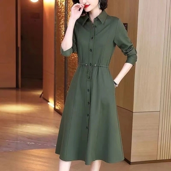 Plus size ženska haljina-košulja za proljeće i jesen 2025, elegantan struk, midi duljina, retro stil