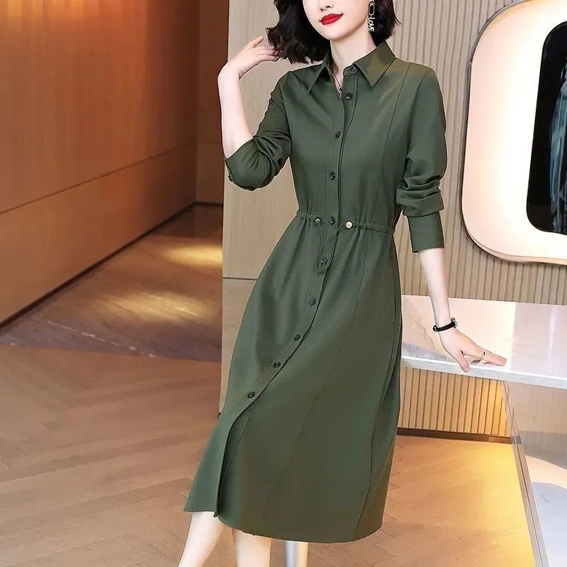 Plus size ženska haljina-košulja za proljeće i jesen 2025, elegantan struk, midi duljina, retro stil